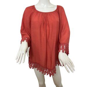 Westport Women’s Top Coral 1X Peasant Blouse Lace Trim Boho Long Sleeve A-Line